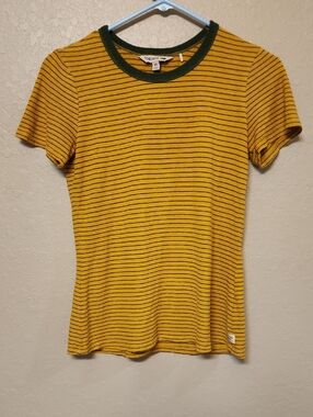 Toad & Co Mustard Yellow Striped Tee with Forest Green Neckline